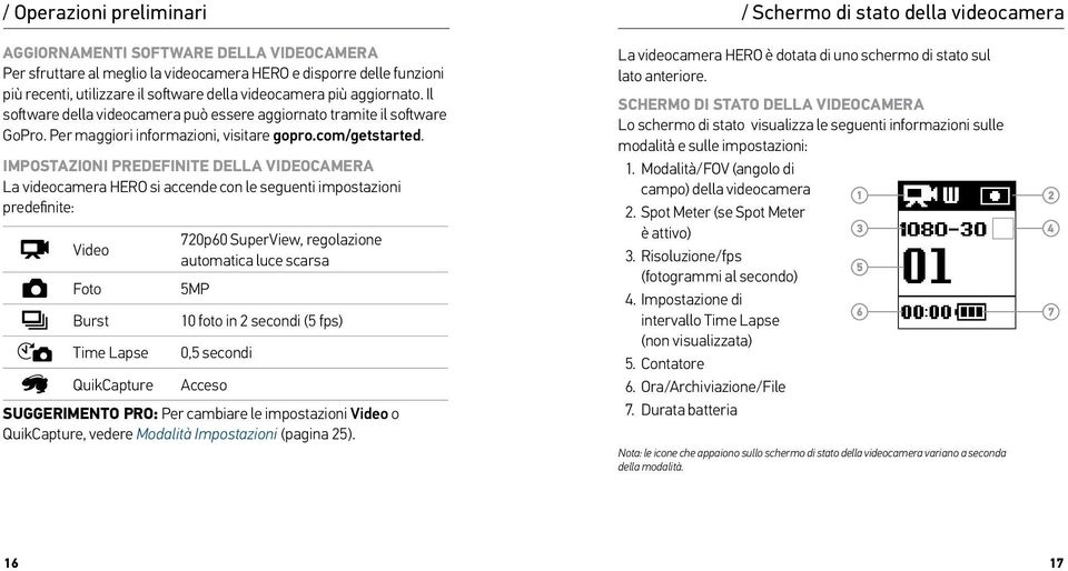 IMPOSTAZIONI PREDEFINITE DELLA VIDEOCAMERA La videocamera HERO si accende con le seguenti impostazioni predefinite: Video Foto Burst Time Lapse 720p60 SuperView, regolazione automatica luce scarsa