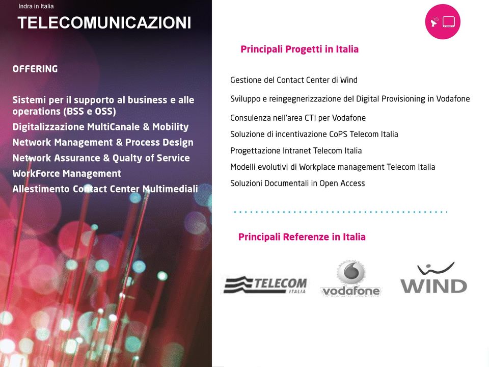 Wind Sviluppo e reingegnerizzazione del Digital Provisioning in Vodafone Consulenza nell area CTI per Vodafone Soluzione di incentivazione CoPS Telecom Italia