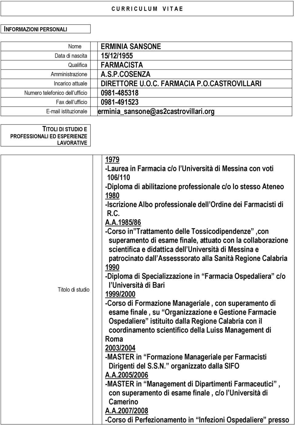 org TITOLI DI STUDIO E PROFESSIONALI ED ESPERIENZE LAVORATIVE Titolo di studio 1979 -Laurea in Farmacia c/o l Università di Messina con voti 106/110 -Diploma di abilitazione professionale c/o lo