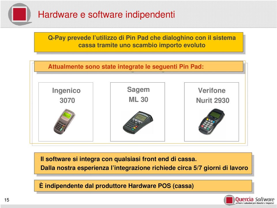 Pin Pin Pad: Pad: Ingenico 3070 Sagem ML 30 Verifone Nurit 2930 Il software si integra con qualsiasi front end cassa.