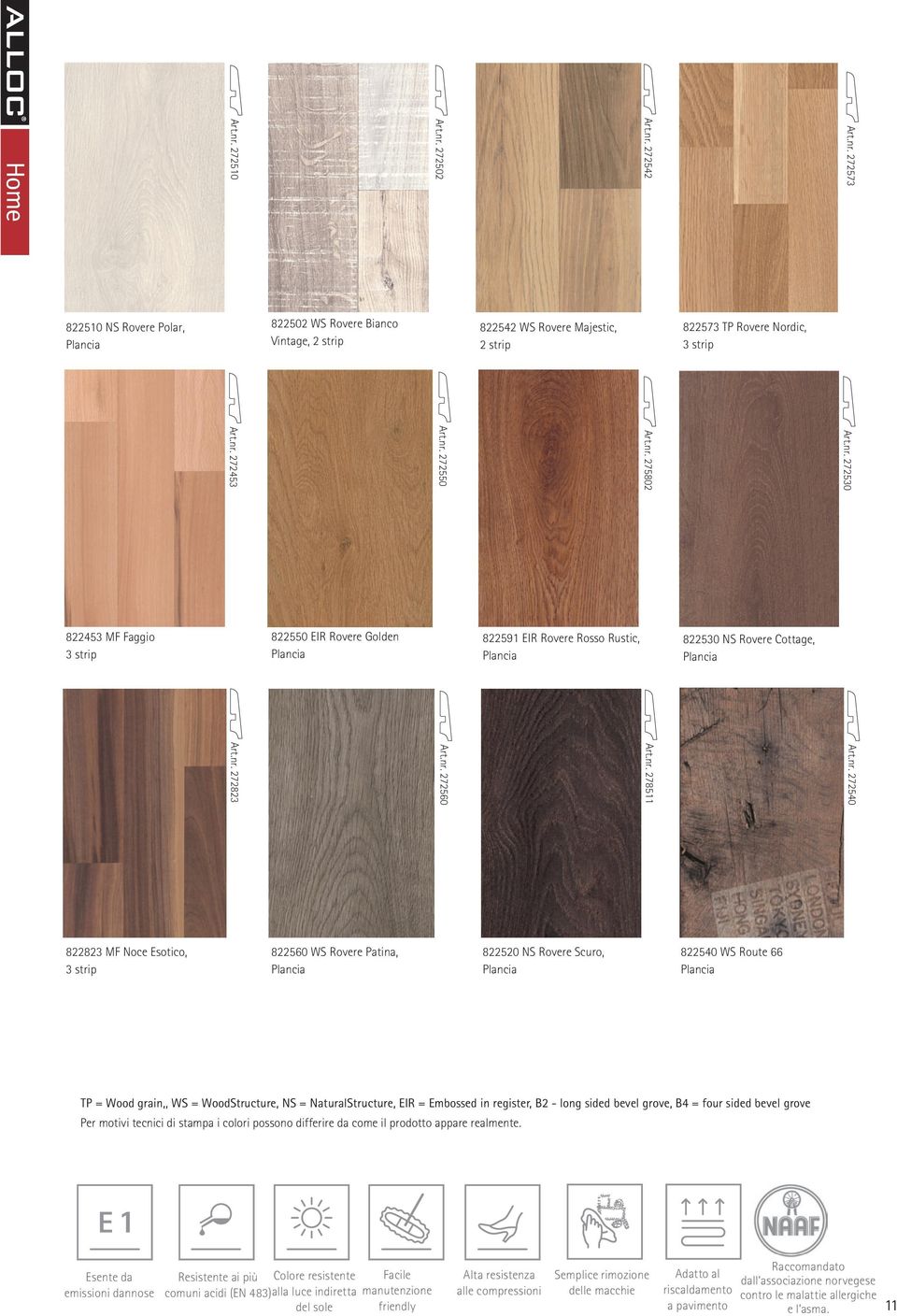 Patina, 822520 NS Rovere Scuro, 822540 WS Route 66 TP = Wood grain,, WS = WoodStructure, NS = NaturalStructure, EIR = Embossed in register, B2 - long sided bevel grove, B4 = four sided bevel grove