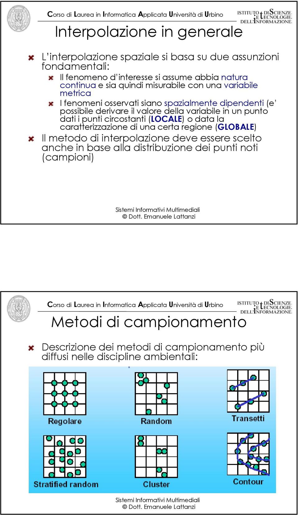 punto dati i punti circostanti (LOCALE) o data la caratterizzazione di una certa regione (GLOBALE) Il metodo di interpolazione deve essere scelto anche