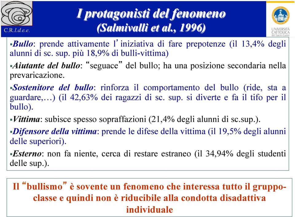 Sostenitore del bullo: rinforza il comportamento del bullo (ride, sta a guardare, ) (il 42,63% dei ragazzi di sc. sup. si diverte e fa il tifo per il bullo).