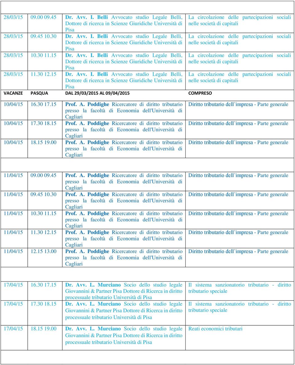Belli Avvocato studio Legale Belli, Dottore di ricerca in Scienze Giuridiche Università di Pisa 28/03/15 11.30 12.15 Dr. Avv. I.