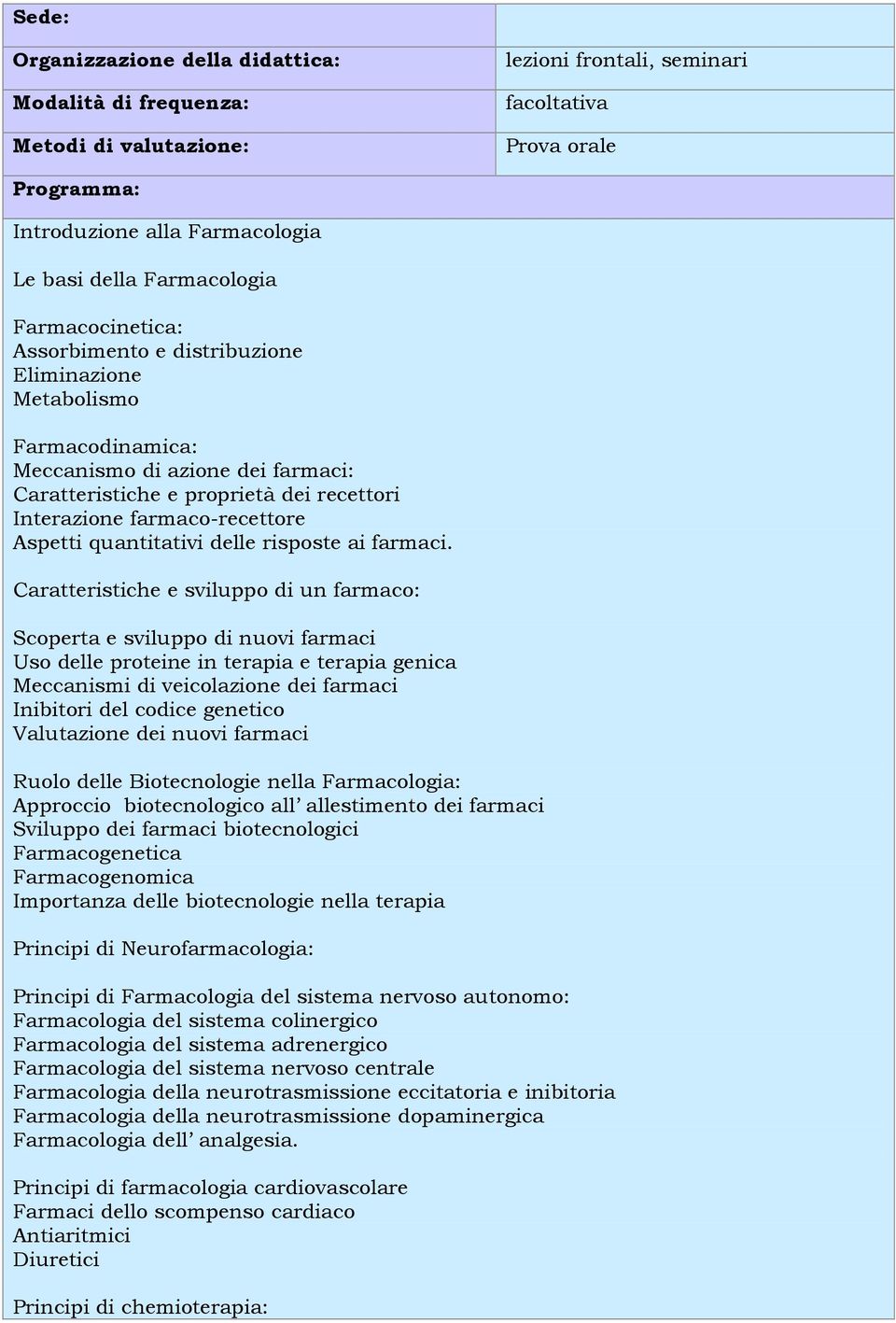 Caratteristiche e sviluppo di un farmaco: Scoperta e sviluppo di nuovi farmaci Uso delle proteine in terapia e terapia genica Meccanismi di veicolazione dei farmaci Inibitori del codice genetico