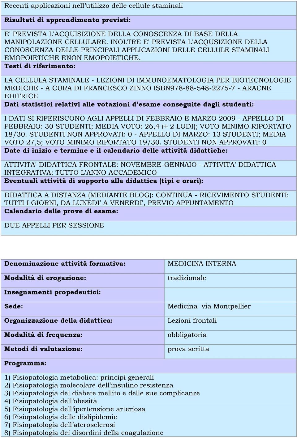 LA CELLULA STAMINALE - LEZIONI DI IMMUNOEMATOLOGIA PER BIOTECNOLOGIE MEDICHE - A CURA DI FRANCESCO ZINNO ISBN978-88-548-2275-7 - ARACNE EDITRICE I DATI SI RIFERISCONO AGLI APPELLI DI FEBBRAIO E MARZO