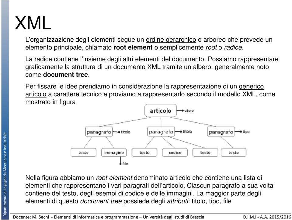 Per fissare le idee prendiamo in considerazione la rappresentazione di un generico articolo a carattere tecnico e proviamo a rappresentarlo secondo il modello XML, come mostrato in figura Nella