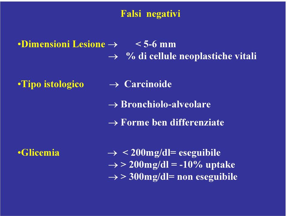 Bronchiolo-alveolare Forme ben differenziate Glicemia <