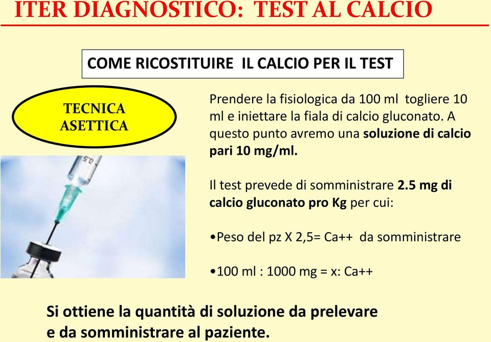 A questo punto avremo una soluzione di calcio pari 10 mg/ml. Il test prevede di somministrare 2.