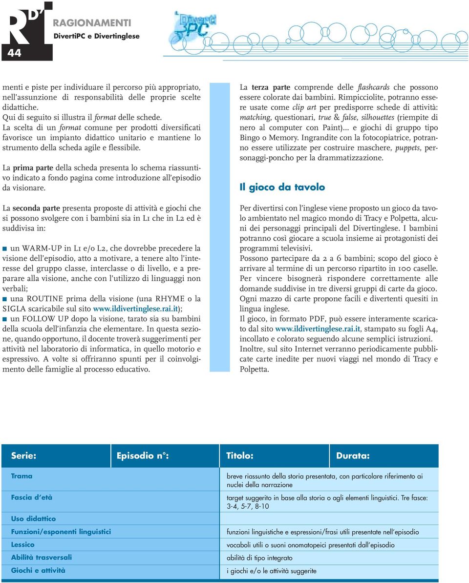 La prima parte della scheda presenta lo schema riassuntivo indicato a fondo pagina come introduzione all episodio da visionare.