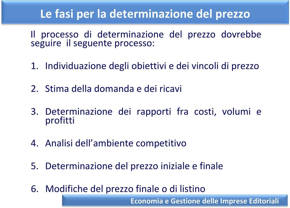 Stima della domanda e dei ricavi 3. Determinazione dei rapporti fra costi, volumi e profitti 4.