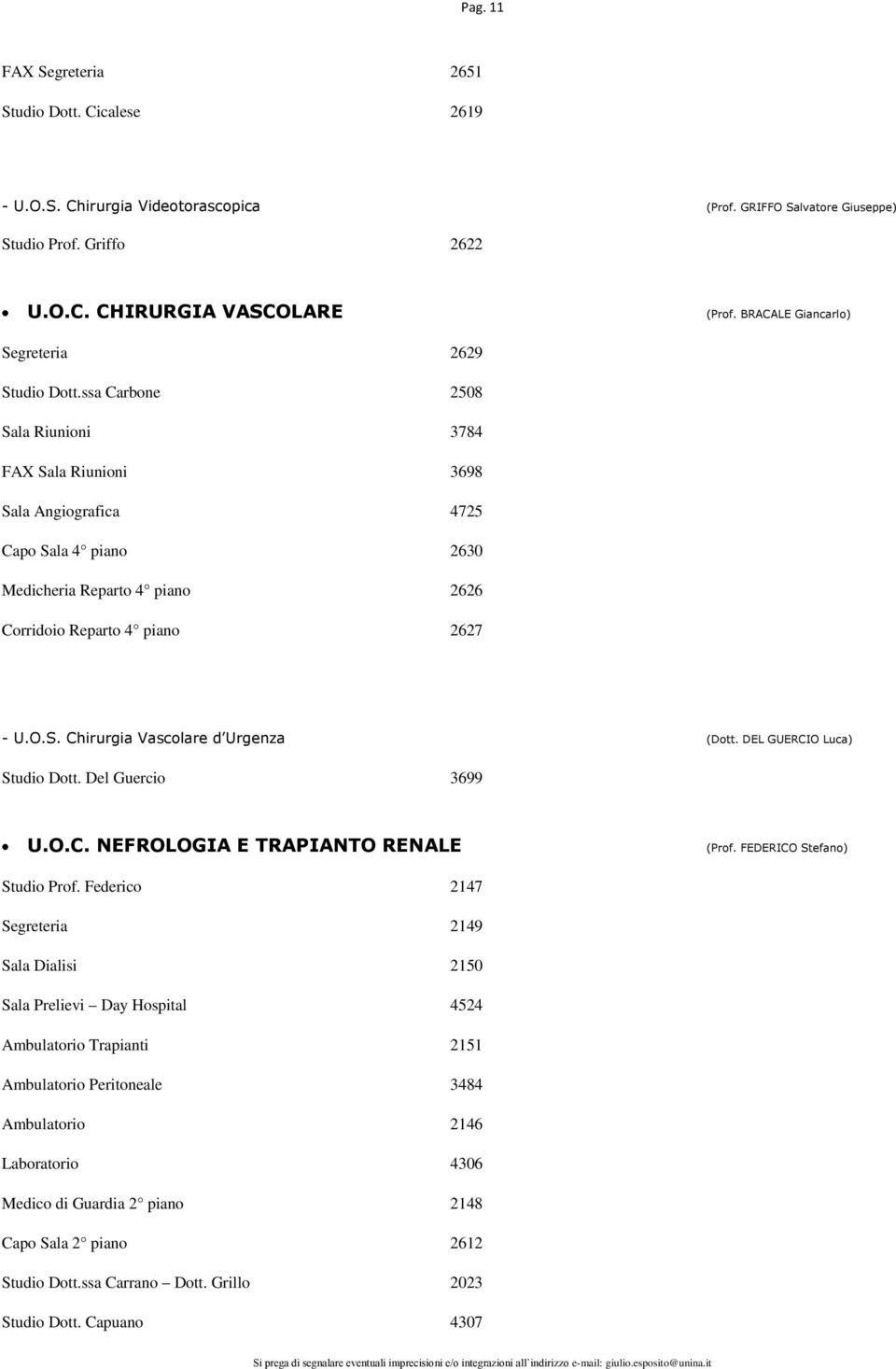 ssa Carbone 2508 Sala Riunioni 3784 FAX Sala Riunioni 3698 Sala Angiografica 4725 Capo Sala 4 piano 2630 Medicheria Reparto 4 piano 2626 Corridoio Reparto 4 piano 2627 - U.O.S. Chirurgia Vascolare d Urgenza (Dott.