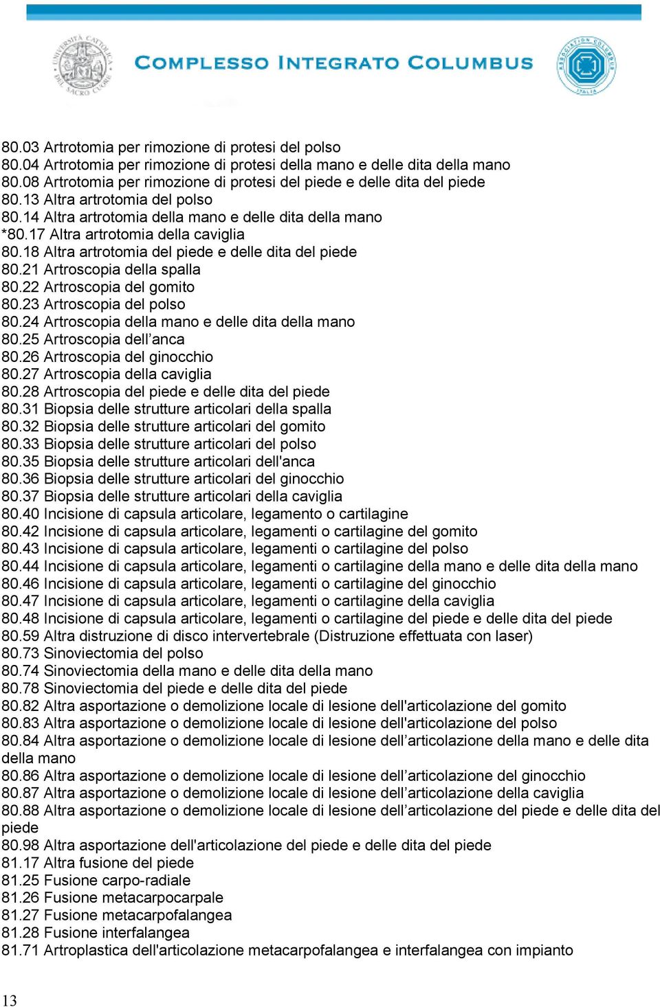 17 Altra artrotomia della caviglia 80.18 Altra artrotomia del piede e delle dita del piede 80.21 Artroscopia della spalla 80.22 Artroscopia del gomito 80.23 Artroscopia del polso 80.