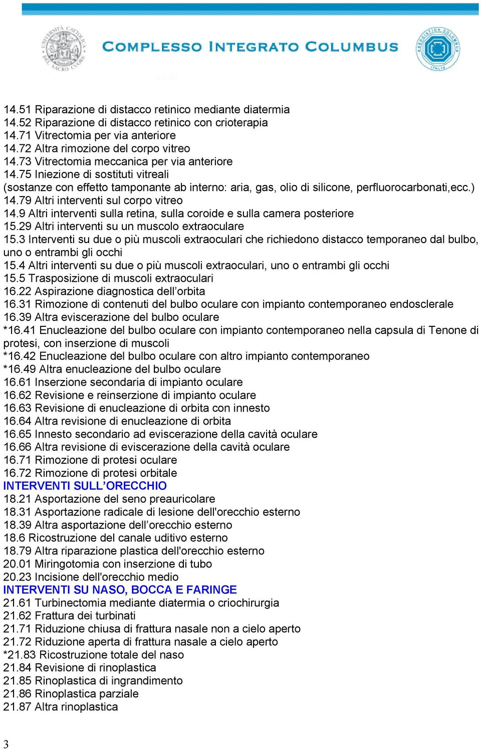 79 Altri interventi sul corpo vitreo 14.9 Altri interventi sulla retina, sulla coroide e sulla camera posteriore 15.29 Altri interventi su un muscolo extraoculare 15.