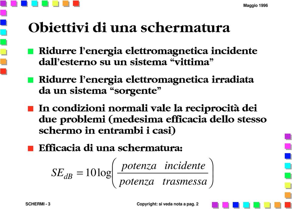 reciprocità dei due problemi (medesima efficacia dello stesso schermo in entrambi i casi) Efficacia di