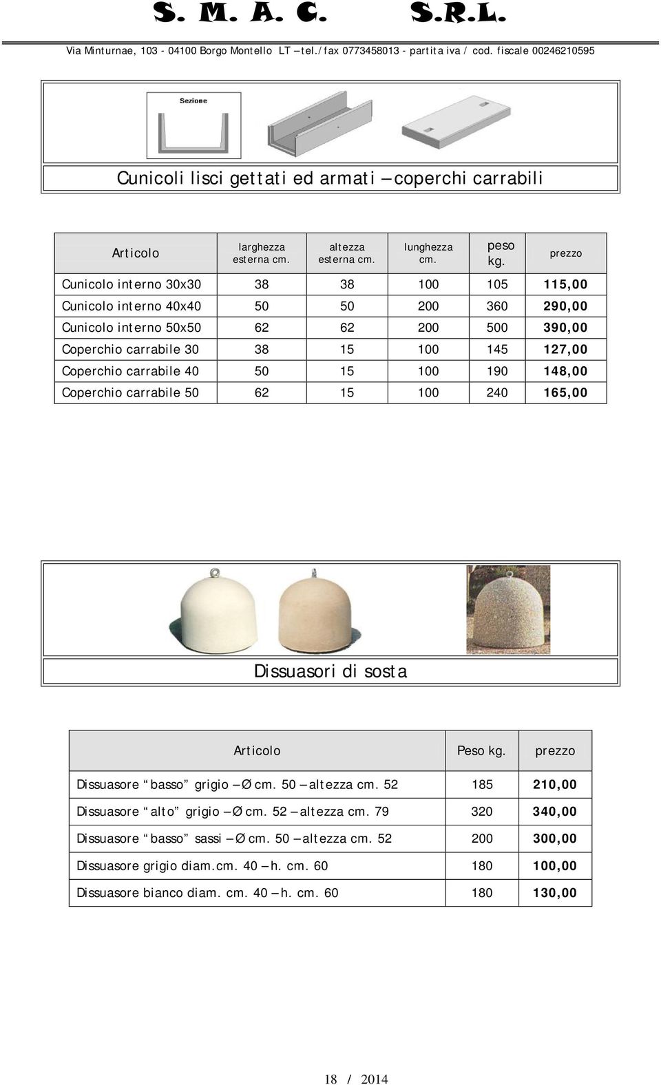 15 100 145 127,00 Coperchio carrabile 40 50 15 100 190 148,00 Coperchio carrabile 50 62 15 100 240 165,00 Dissuasori di sosta Peso kg.