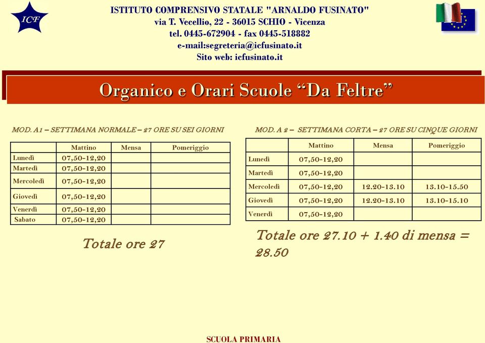 07,50-12,20 Giovedì 07,50-12,20 Venerdì 07,50-12,20 Sabato 07,50-12,20 Totale ore 27 MOD.