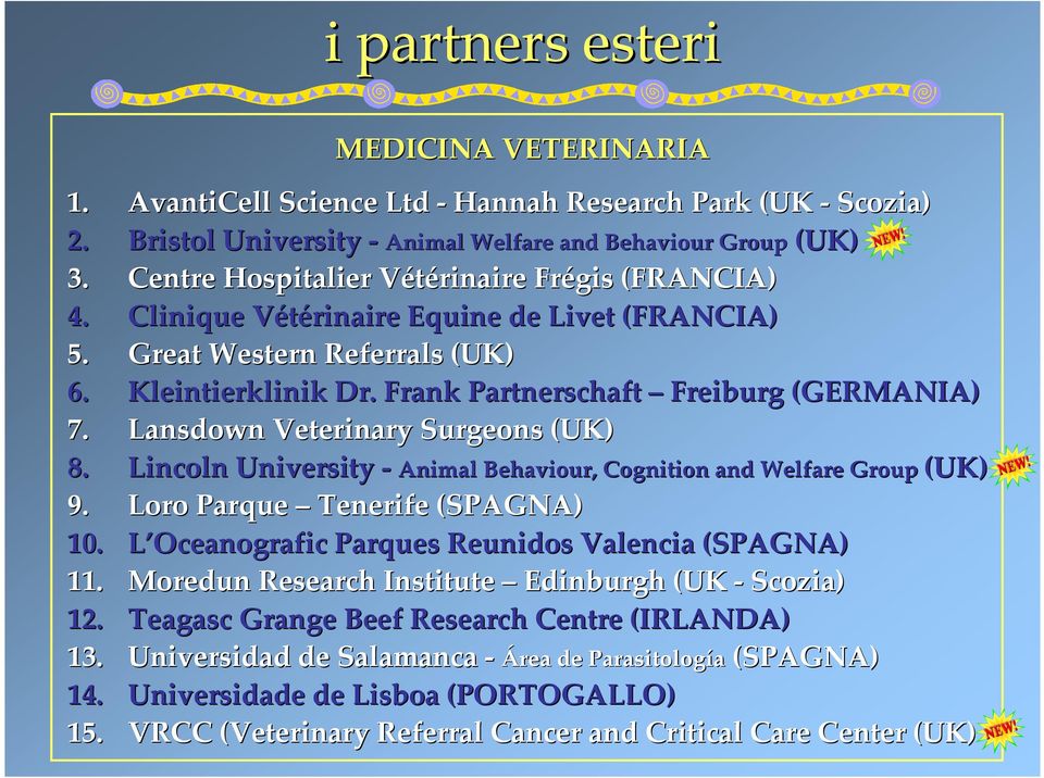 Lansdown Veterinary Surgeons (UK) 8. Lincoln University -Animal Behaviour,, Cognition and Welfare Group (UK) 9. Loro Parque Tenerife (SPAGNA) 10. L Oceanografic Parques Reunidos Valencia (SPAGNA) 11.