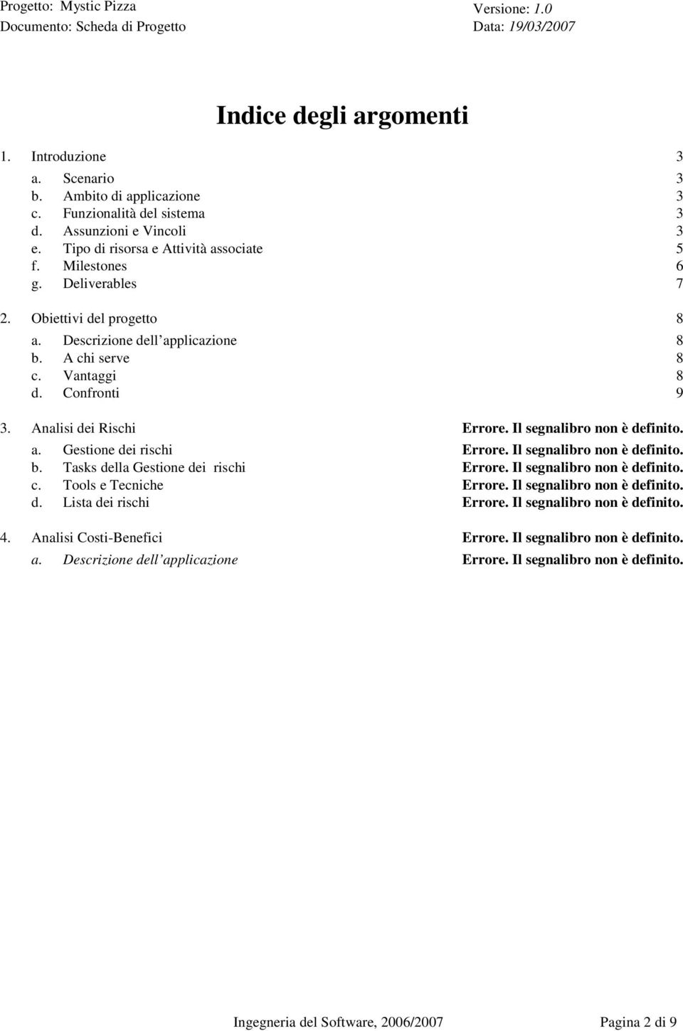 Il segnalibro non è definito. b. Tasks della Gestione dei rischi Errore. Il segnalibro non è definito. c. Tools e Tecniche Errore. Il segnalibro non è definito. d. Lista dei rischi Errore.