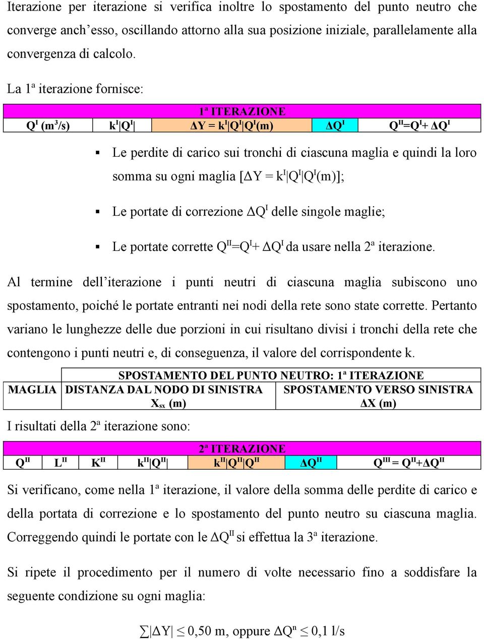 = k I Q I Q I (m)]; Le portate di correzione ΔQ I delle singole maglie; Le portate corrette Q II =Q I + ΔQ I da usare nella 2ª iterazione.