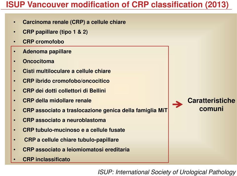 renale CRP associato a traslocazione genica della famiglia MiT CRP associato a neuroblastoma CRP tubulo-mucinoso e a cellule fusate CRP a cellule