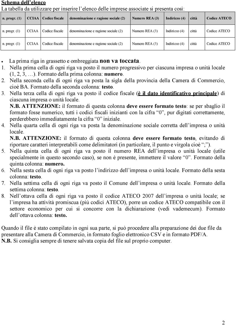 (1) CCIAA Codice fiscale denominazione e ragione sociale (2) Numero REA (3) Indirizzo (4) città Codice ATECO La prima riga in grassetto e ombreggiata non va toccata. 1.