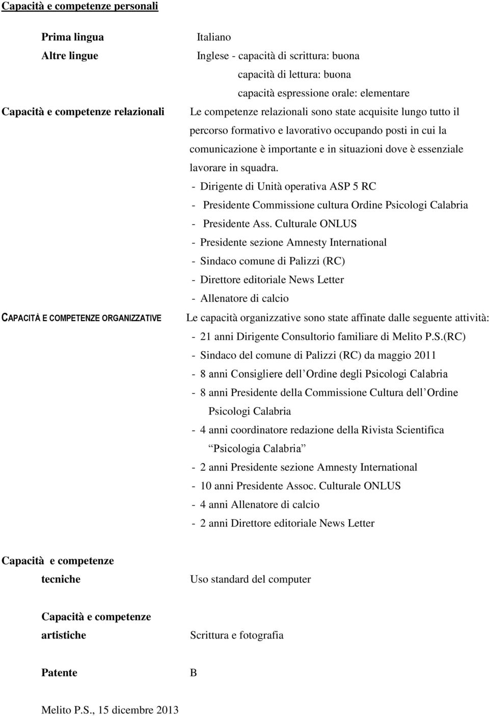 situazioni dove è essenziale lavorare in squadra. - Dirigente di Unità operativa ASP 5 RC - Presidente Commissione cultura Ordine Psicologi Calabria - Presidente Ass.