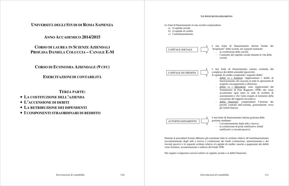 SSA DANIELA COLUCCIA CANALE E-M CORSO DI ECONOMIA AZIENDALE (9 CFU) ESERCITAZIONI DI CONTABILITÀ TERZA PARTE: LA COSTITUZIONE DELL AZIENDA L ACCENSIONE DI DEBITI LA RETRIBUZIONE DEI DIPENDENTI I