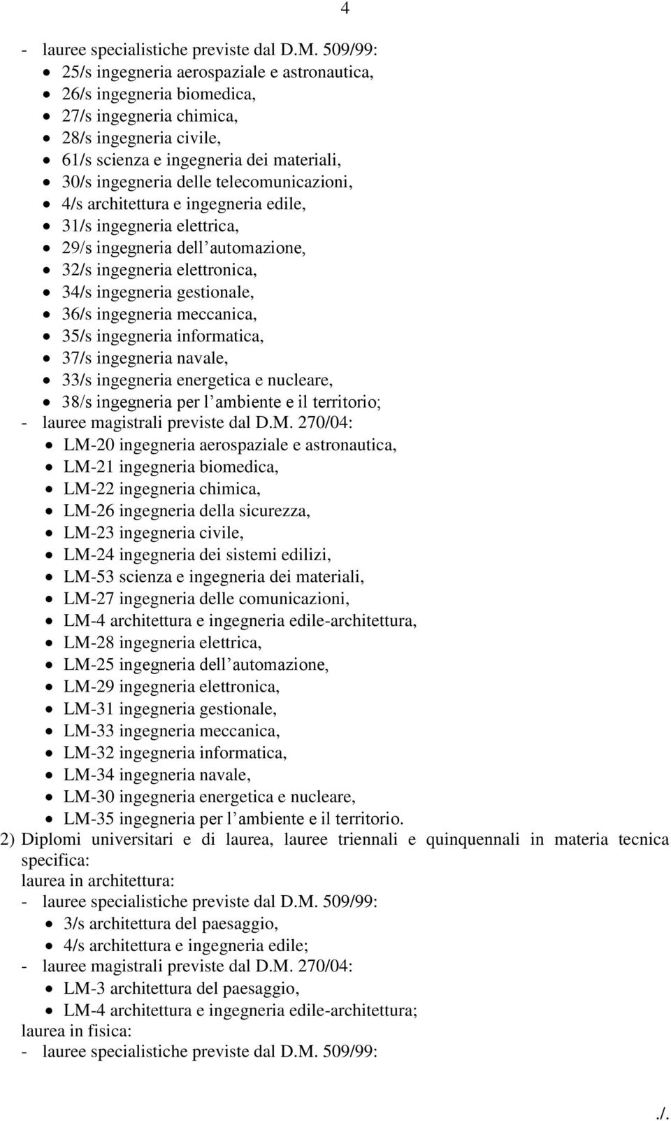 meccanica, 35/s ingegneria informatica, 37/s ingegneria navale, 33/s ingegneria energetica e nucleare, 38/s ingegneria per l ambiente e il territorio; LM-20 ingegneria aerospaziale e astronautica,