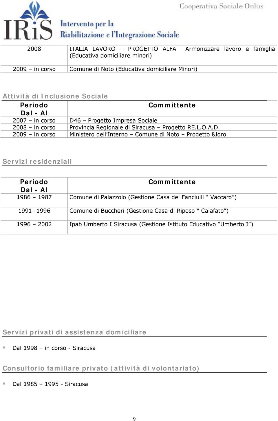 6 Progetto Impresa Sociale 2008 in corso Provincia Regionale di Siracusa Progetto RE.L.O.A.D.