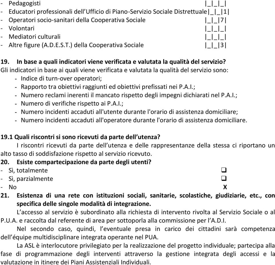 Gli indicatori in base ai quali viene verificata e valutata la qualità del servizio sono: - Indice di turn-over operatori; - Rapporto tra obiettivi raggiunti ed obiettivi prefissati nei P.A.I.; - Numero reclami inerenti il mancato rispetto degli impegni dichiarati nel P.