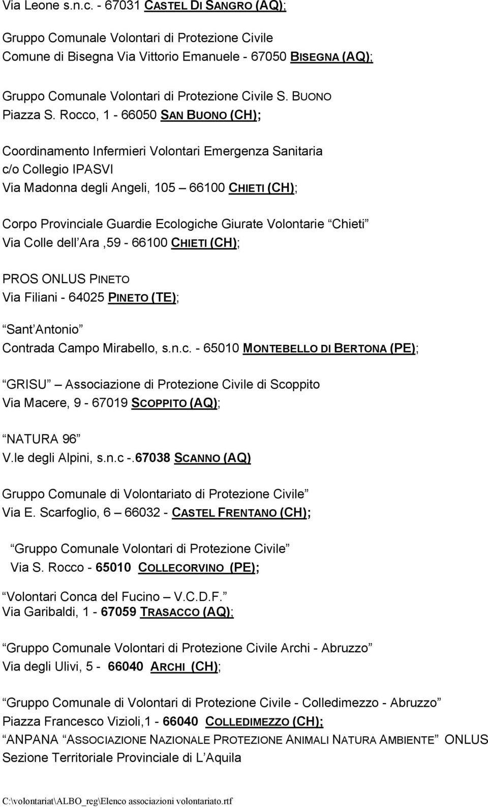 Volontarie Chieti Via Colle dell Ara,59-66100 CHIETI (CH); PROS ONLUS PINETO Via Filiani - 64025 PINETO (TE); Sant Antonio Contrada Campo Mirabello, s.n.c.