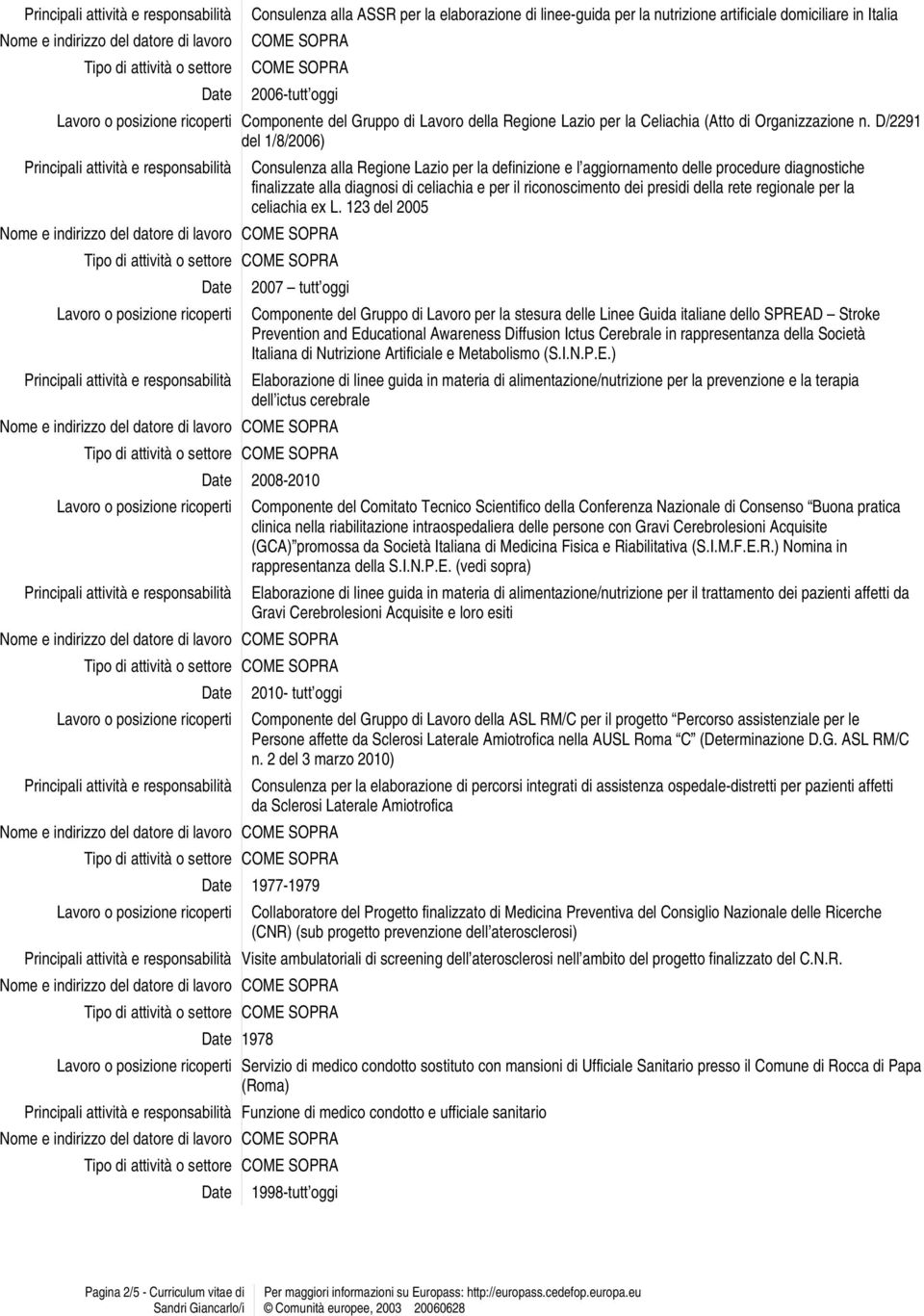 D/2291 del 1/8/2006) Consulenza alla Regione Lazio per la definizione e l aggiornamento delle procedure diagnostiche finalizzate alla diagnosi di celiachia e per il riconoscimento dei presidi della