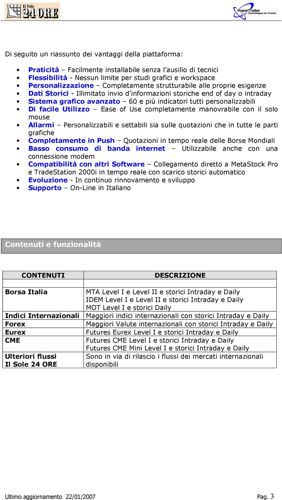 facile Utilizzo Ease of Use completamente manovrabile con il solo mouse Allarmi Personalizzabili e settabili sia sulle quotazioni che in tutte le parti grafiche Completamente in Push Quotazioni in