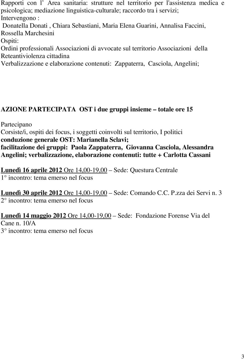 Verbalizzazione e elaborazione contenuti: Zappaterra, Casciola, Angelini; AZIONE PARTECIPATA OST i due gruppi insieme totale ore 15 Partecipano Corsiste/i, ospiti dei focus, i soggetti coinvolti sul