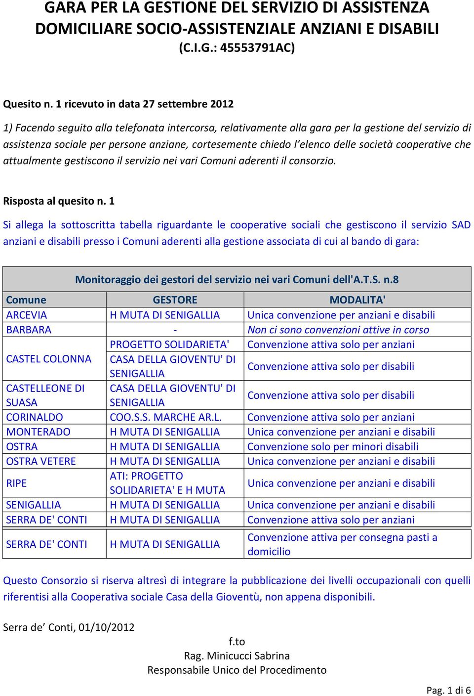 l elenco delle società cooperative che attualmente gestiscono il servizio nei vari Comuni aderenti il consorzio. Risposta al quesito n.