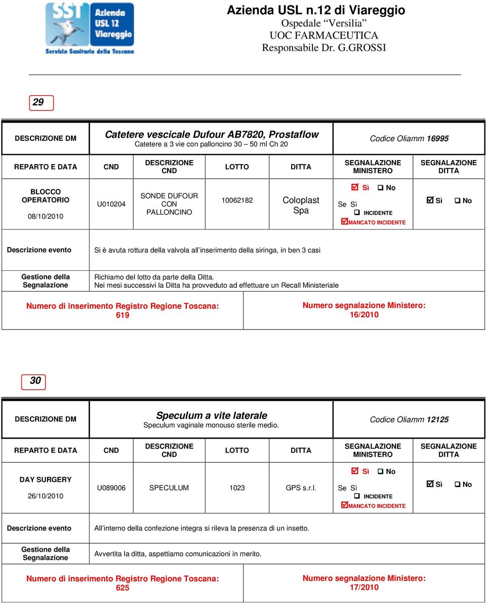 Nei mesi successivi la Ditta ha provveduto ad effettuare un Recall Ministeriale 619 16/2010 30 Speculum a vite laterale Speculum vaginale monouso sterile medio.