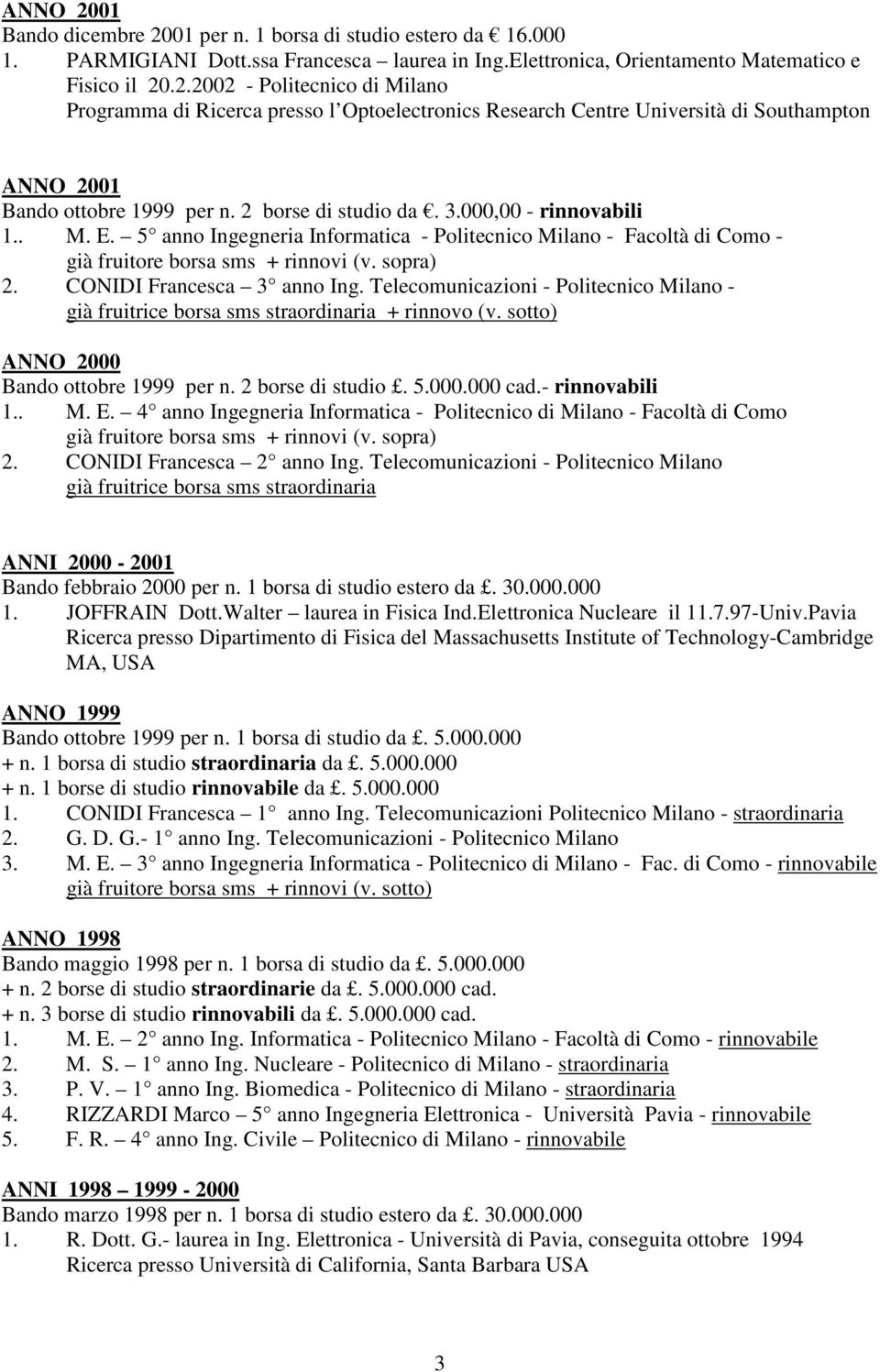 CONIDI Francesca 3 anno Ing. Telecomunicazioni - Politecnico Milano - già fruitrice borsa sms straordinaria + rinnovo (v. sotto) ANNO 2000 Bando ottobre 1999 per n. 2 borse di studio. 5.000.000 cad.