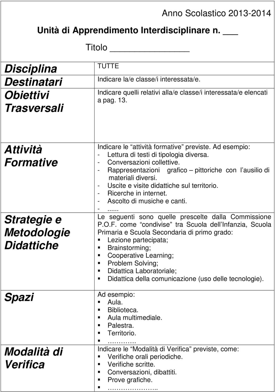 Ad esempio: - Lettura di testi di tipologia diversa. - Conversazioni collettive. - Rappresentazioni grafico pittoriche con l ausilio di materiali diversi. - Uscite e visite didattiche sul territorio.