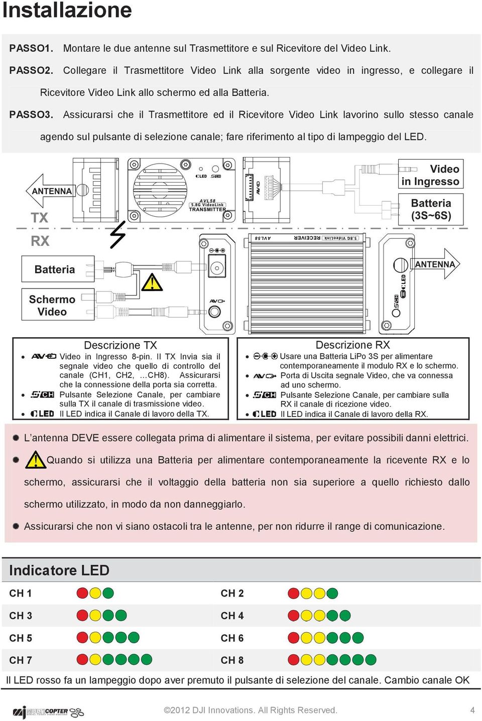 Assicurarsi che il Trasmettitore ed il Ricevitore Video Link lavorino sullo stesso canale agendo sul pulsante di selezione canale; fare riferimento al tipo di lampeggio del LED.