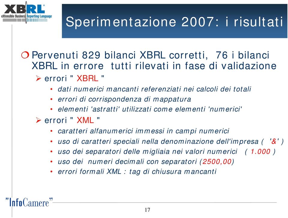 'numerici' errori " XML " caratteri alfanumerici immessi in campi numerici uso di caratteri speciali nella denominazione dell'impresa ( '&' ) uso dei