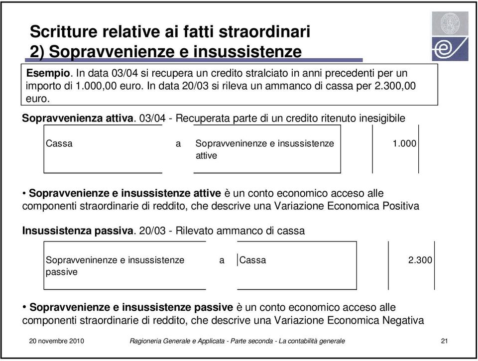 000 attive Sopravvenienze e insussistenze attive è un conto economico acceso alle componenti straordinarie di reddito, che descrive una Variazione Economica Positiva Insussistenza passiva.