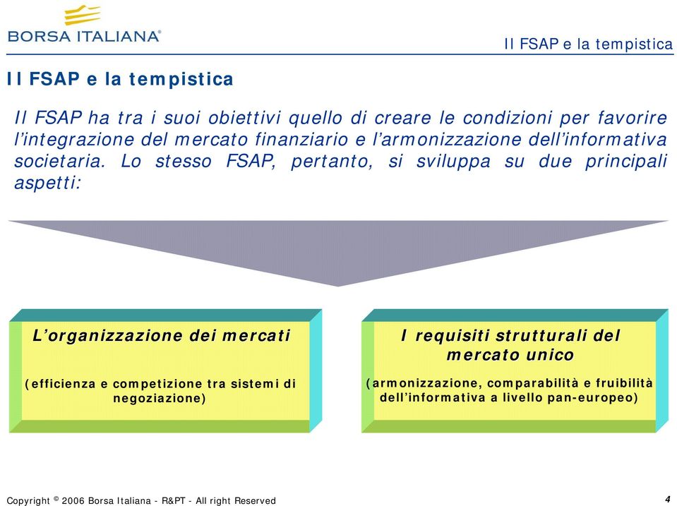 Lo stesso FSAP, pertanto, si sviluppa su due principali aspetti: L organizzazione dei mercati (efficienza e competizione