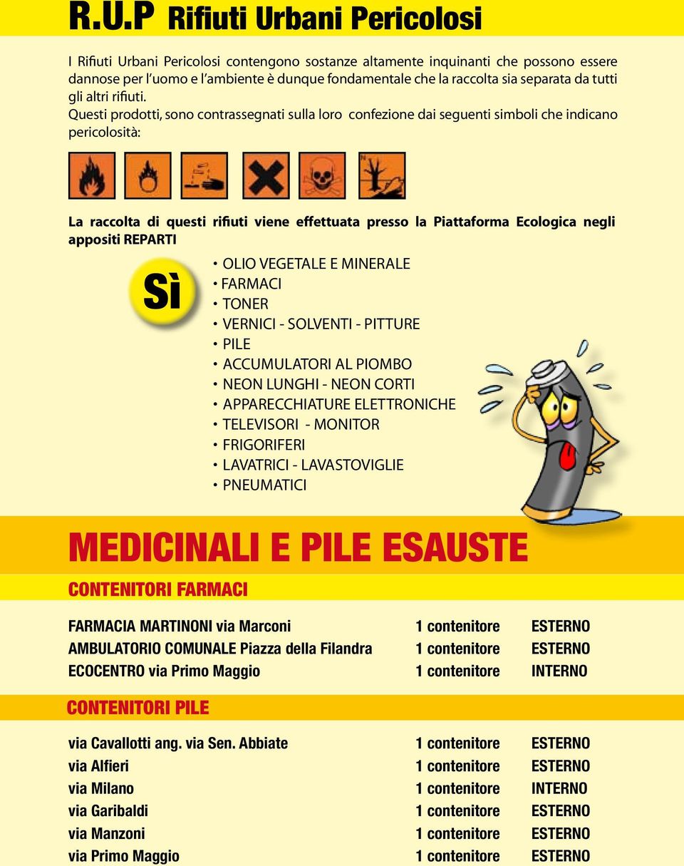 Questi prodotti, sono contrassegnati sulla loro confezione dai seguenti simboli che indicano pericolosità: La raccolta di questi rifiuti viene effettuata presso la Piattaforma Ecologica negli