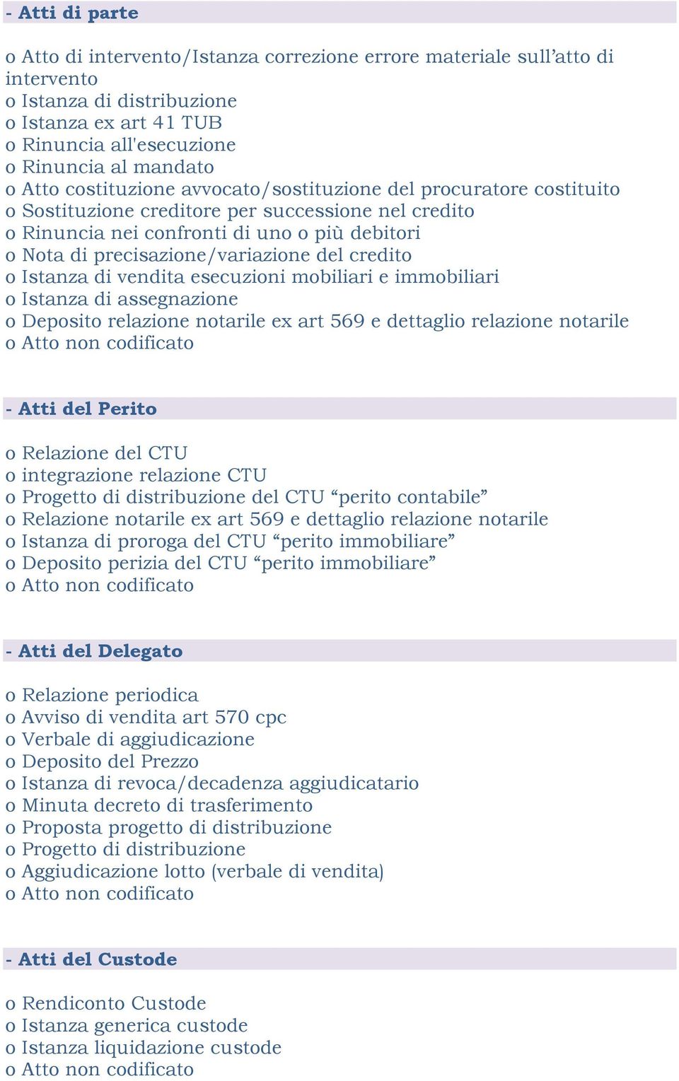 precisazione/variazione del credito o Istanza di vendita esecuzioni mobiliari e immobiliari o Istanza di assegnazione o Deposito relazione notarile ex art 569 e dettaglio relazione notarile - Atti