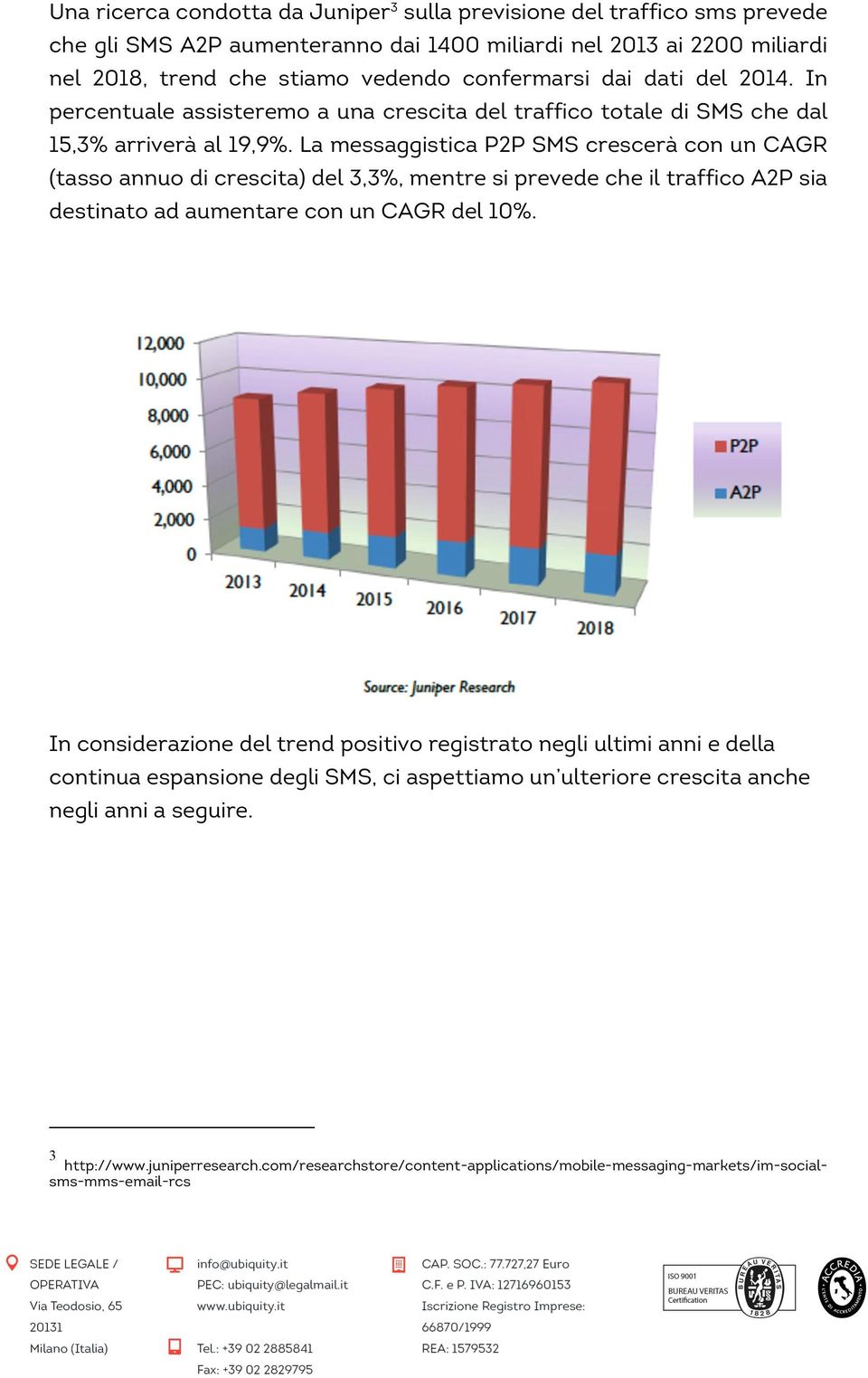 La messaggistica P2P SMS crescerà con un CAGR (tasso annuo di crescita) del 3,3%, mentre si prevede che il traffico A2P sia destinato ad aumentare con un CAGR del 10%.