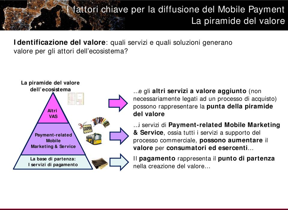 La piramide del valore dell ecosistema Altri VAS Payment-related Mobile Marketing & Service La base di partenza: I servizi di pagamento e gli altri servizi a valore aggiunto (non