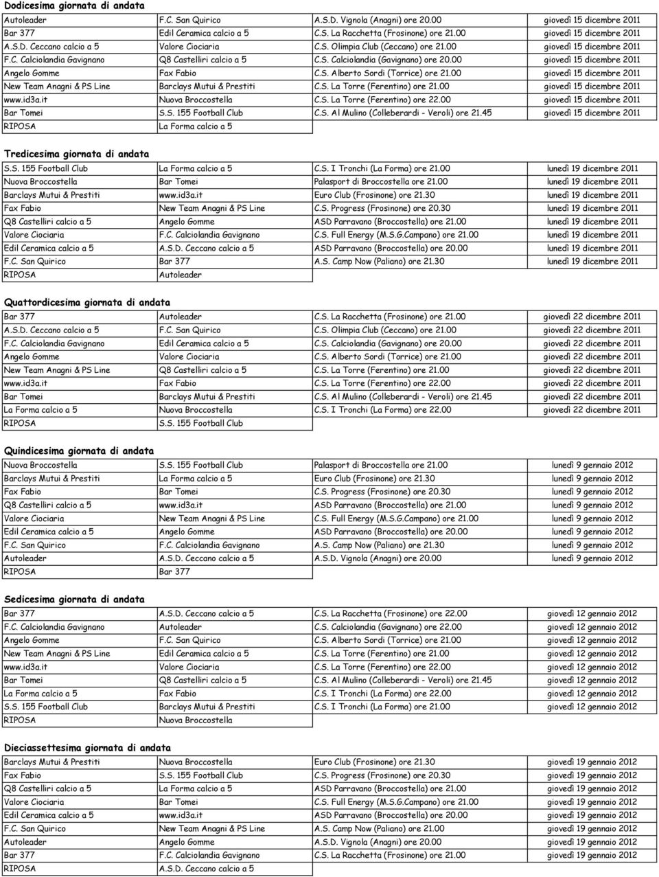 00 giovedì 15 dicembre 2011 Angelo Gomme Fax Fabio C.S. Alberto Sordi (Torrice) ore 21.00 giovedì 15 dicembre 2011 New Team Anagni & PS Line Barclays Mutui & Prestiti C.S. La Torre (Ferentino) ore 21.