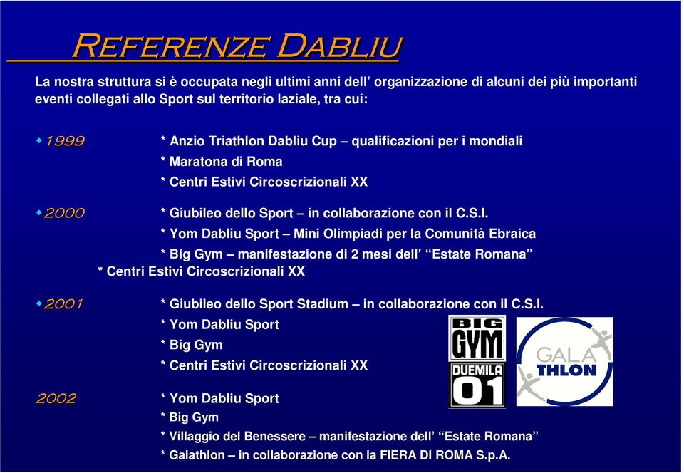 * Yom Dabliu Sport Mini Olimpiadi per la Comunità Ebraica * Big Gym manifestazione di 2 mesi dell Estate Romana * Centri Estivi Circoscrizionali XX 2001 * Giubileo dello Sport Stadium in