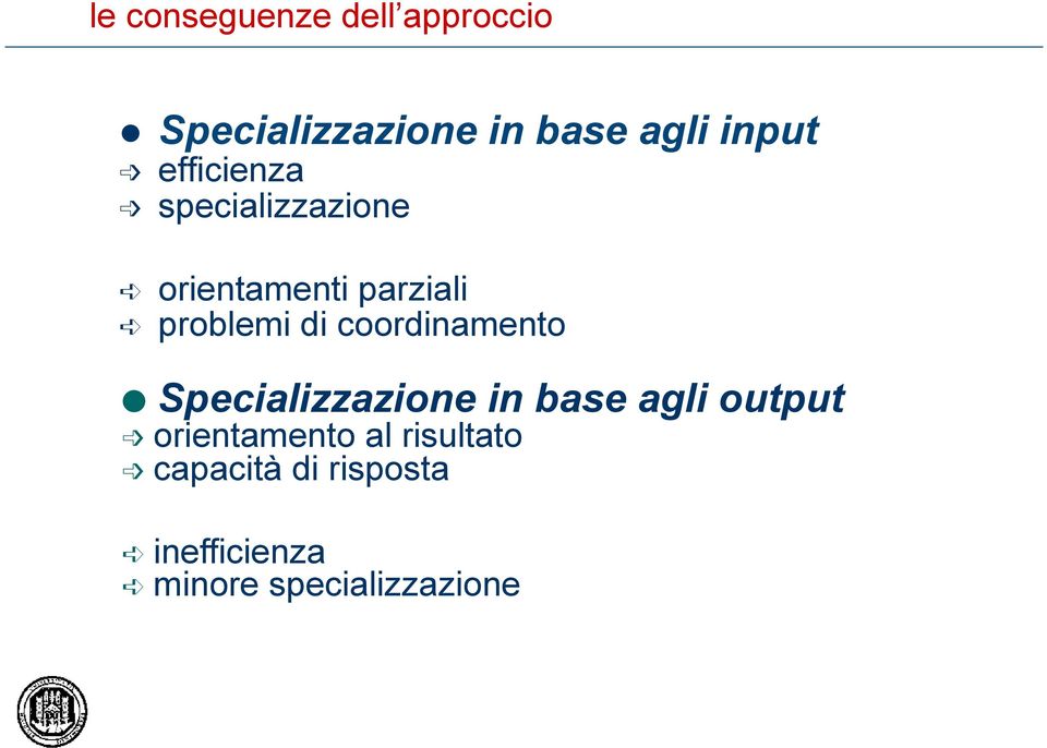 di coordinamento Specializzazione in base agli output